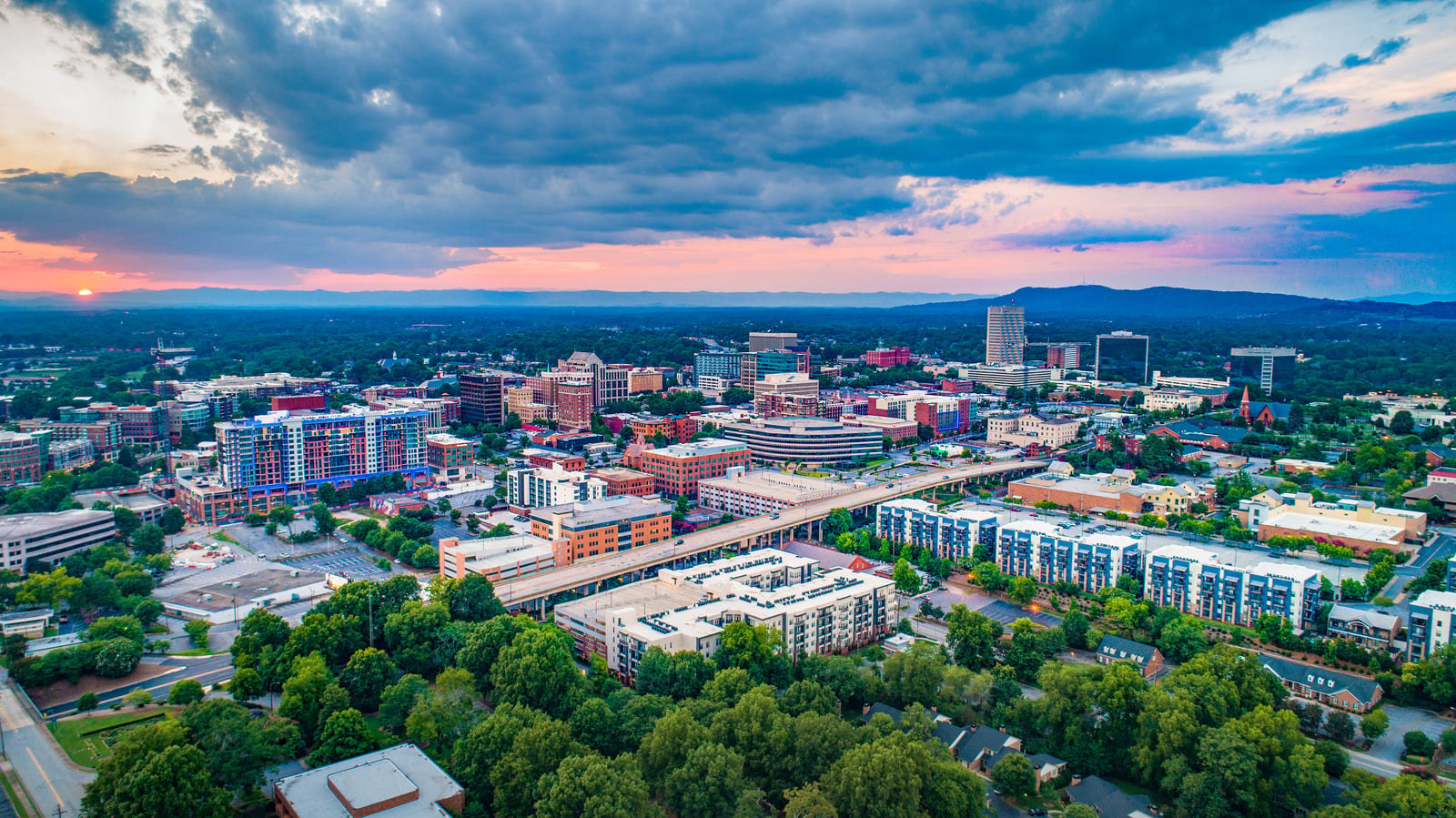 Downtown Greenville skyline at sunset